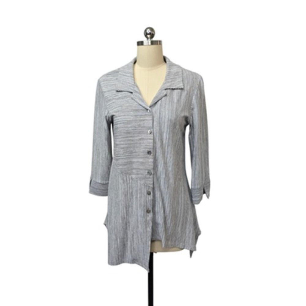 Joseph Ribkoff Shirt Womens 8 Black White Striped Asymmetrical Button 3/4 Sleeve